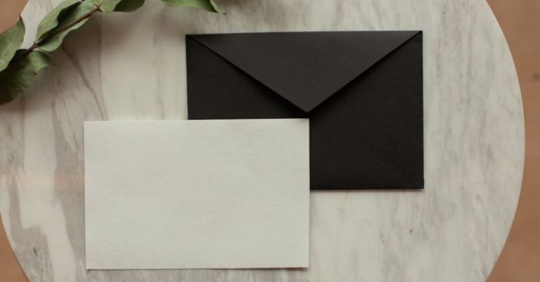 Cover Letter Spotlight - Top view of blank black envelope with white card placed on table with pencil and dry green sprig in modern room